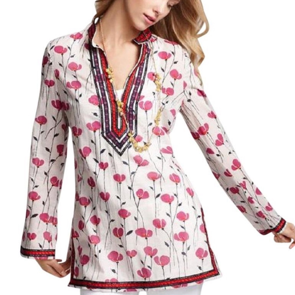 Tory Burch Pink White Poppy Print Tunic